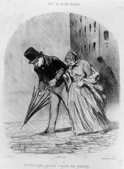 シリーズ「Tout ce qu&39;on voudra」、複雑なばねシステムの傘を持つことの不利、プレート16、1847 作： Honoré Daumier